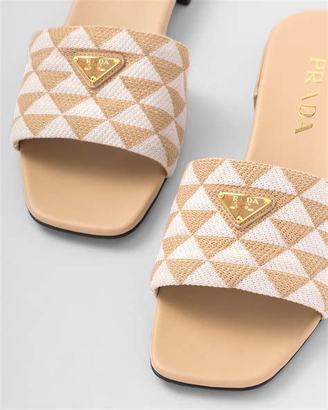 prada embroidered fabric slides|Prada apron toe slides.